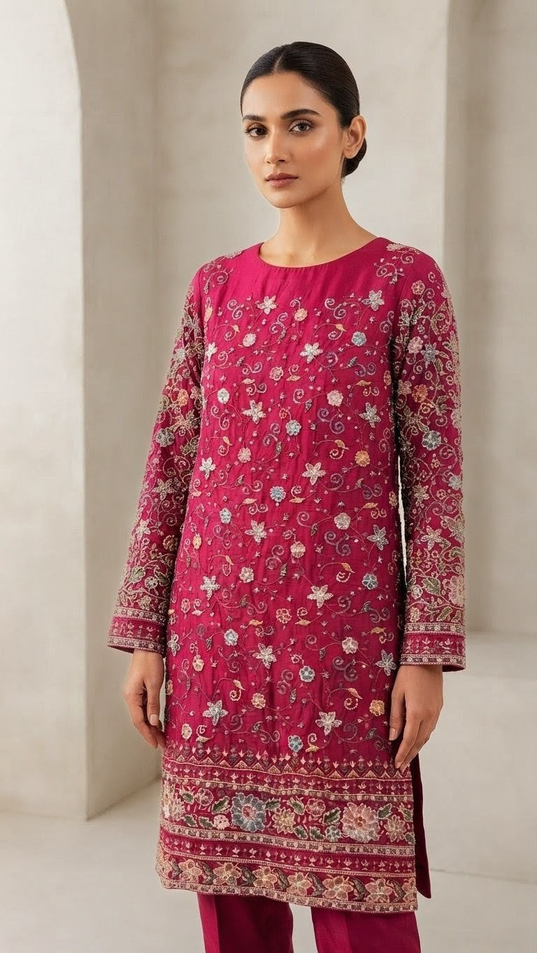 Khan Fabrics Premium Medium Silk Shirt with Multi Resham, Beads & Sequins Work