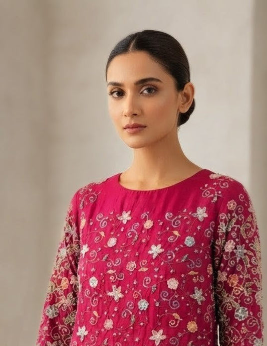 Khan Fabrics Premium Medium Silk Shirt with Multi Resham, Beads & Sequins Work
